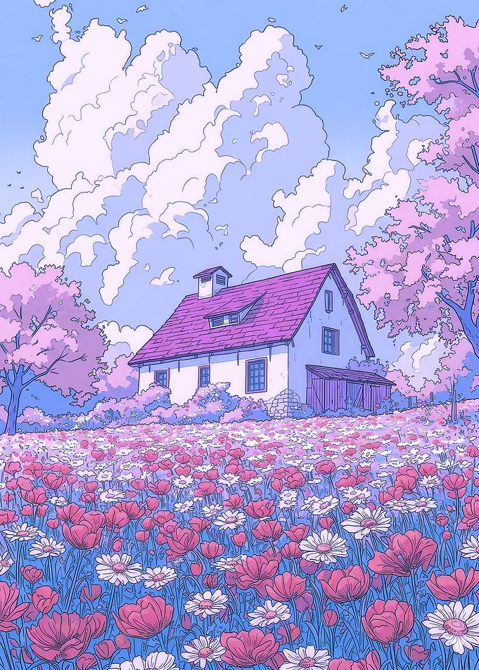 Pastel Cottage in a Flower Field