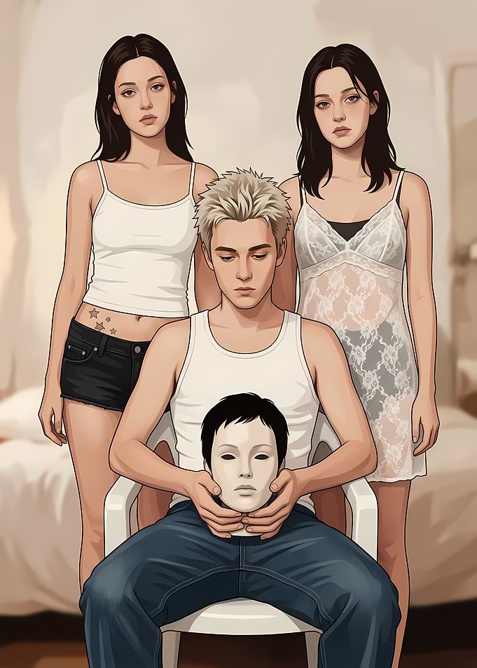 Man holding a mask with two women behind him