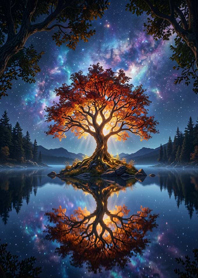 Magical Tree Reflecting in Cosmic Lake