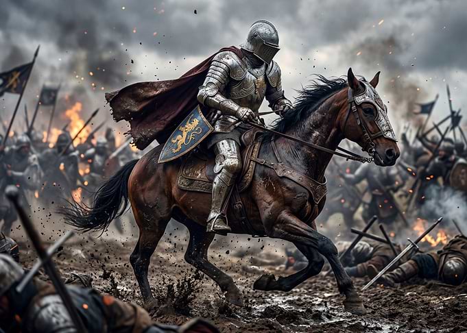 Knight on horseback in battle