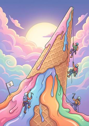 Climbers Ascend Melting Ice Cream Mountain