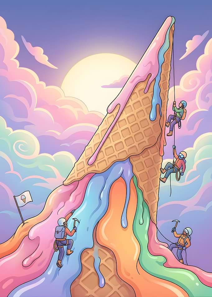 Climbers Ascend Melting Ice Cream Mountain