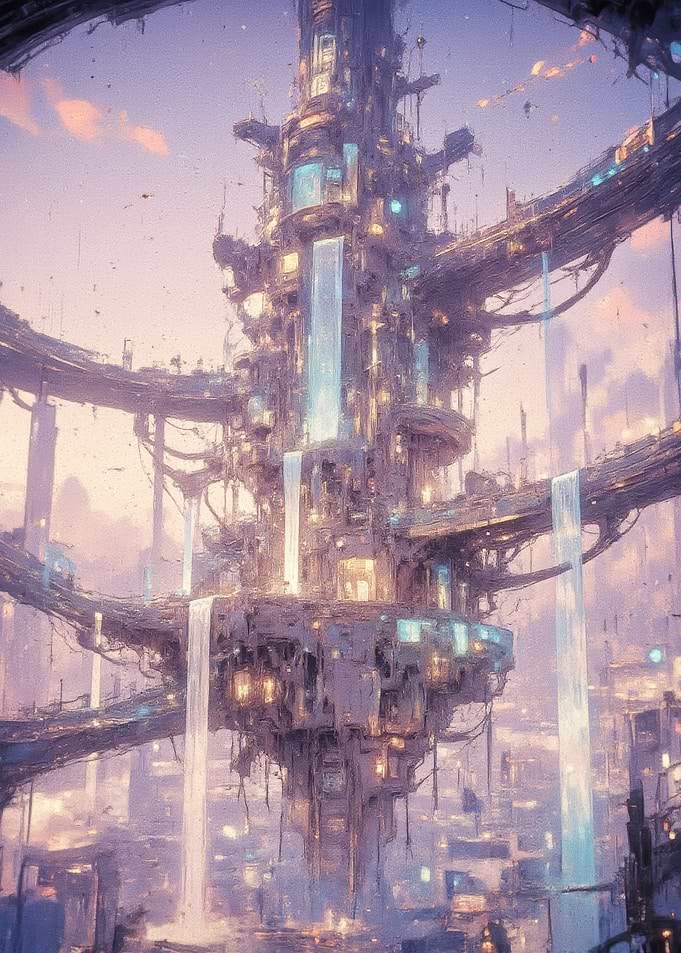 Futuristic Cityscape with Waterfalls