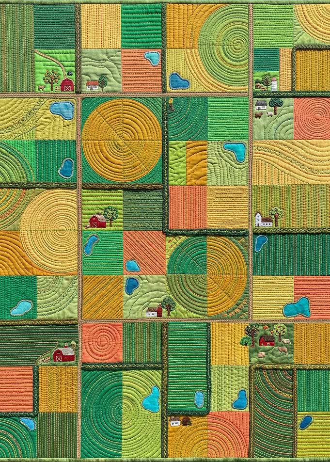 Quilted Farm Landscape with Fields and Barns