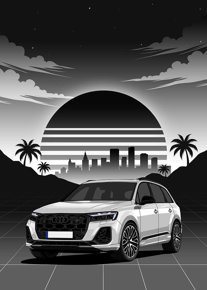 White audi SQ7 Sunset Cityscape