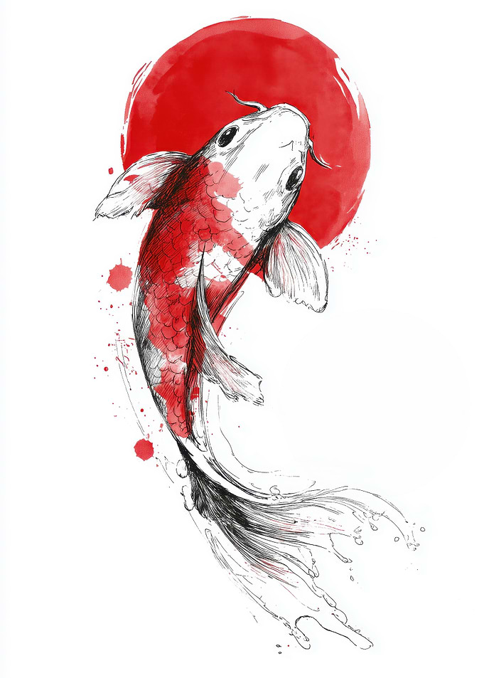 Japanese Koi Fish with Red Sun