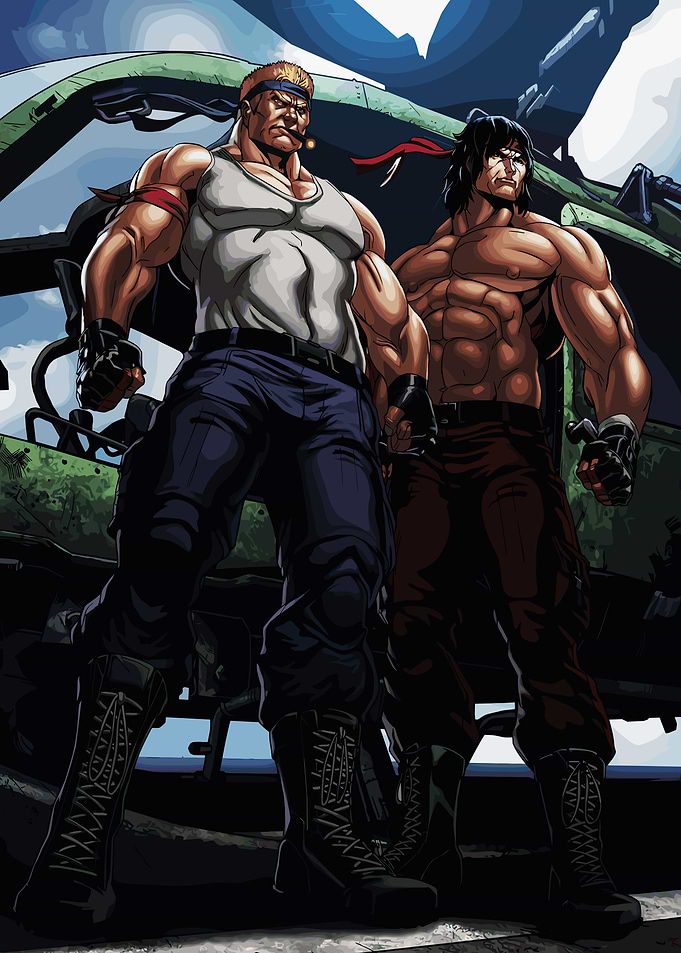 Two muscular men in combat gear