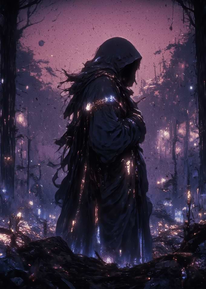 Mysterious hooded figure in a glowing forest
