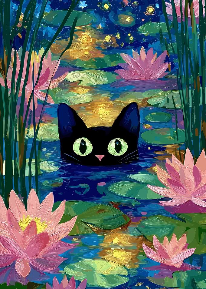 Black Cat in a Water Lily Pond