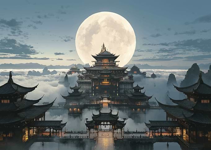 Mystical Asian Temple Under a Full Moon