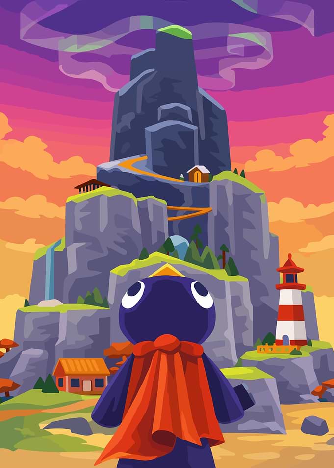 Cute character looking at a mountain landscape