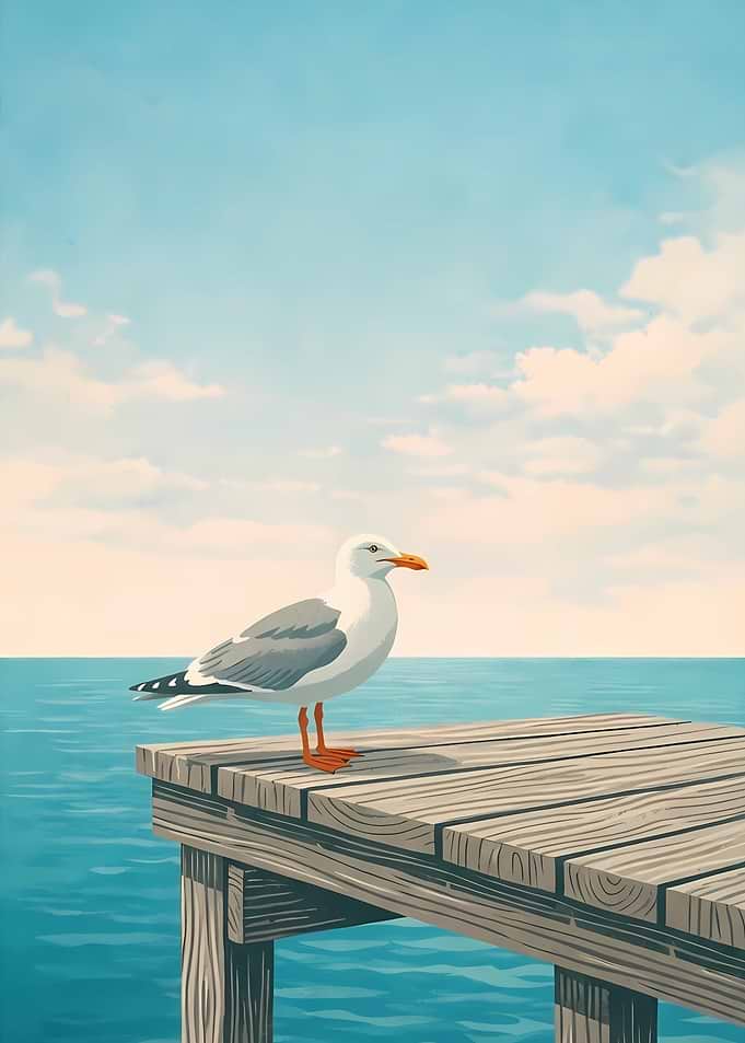 Seagull on a Wooden Dock
