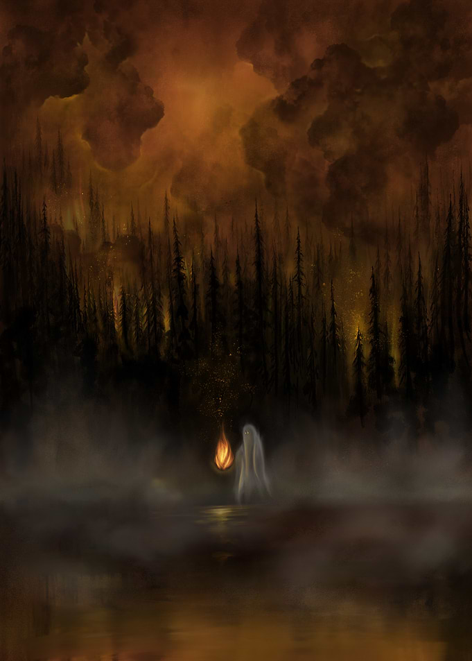Ghostly Figure with Lantern in Misty Forest
