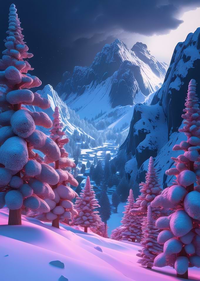 Snowy Mountain Landscape with Pink Trees
