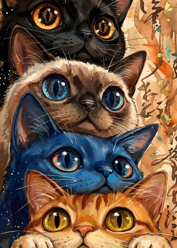 Stack of Four Cats with Big Eyes