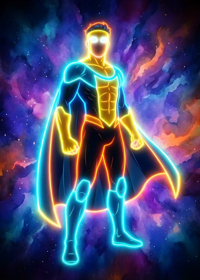 Superhero in Neon Cosmic Background