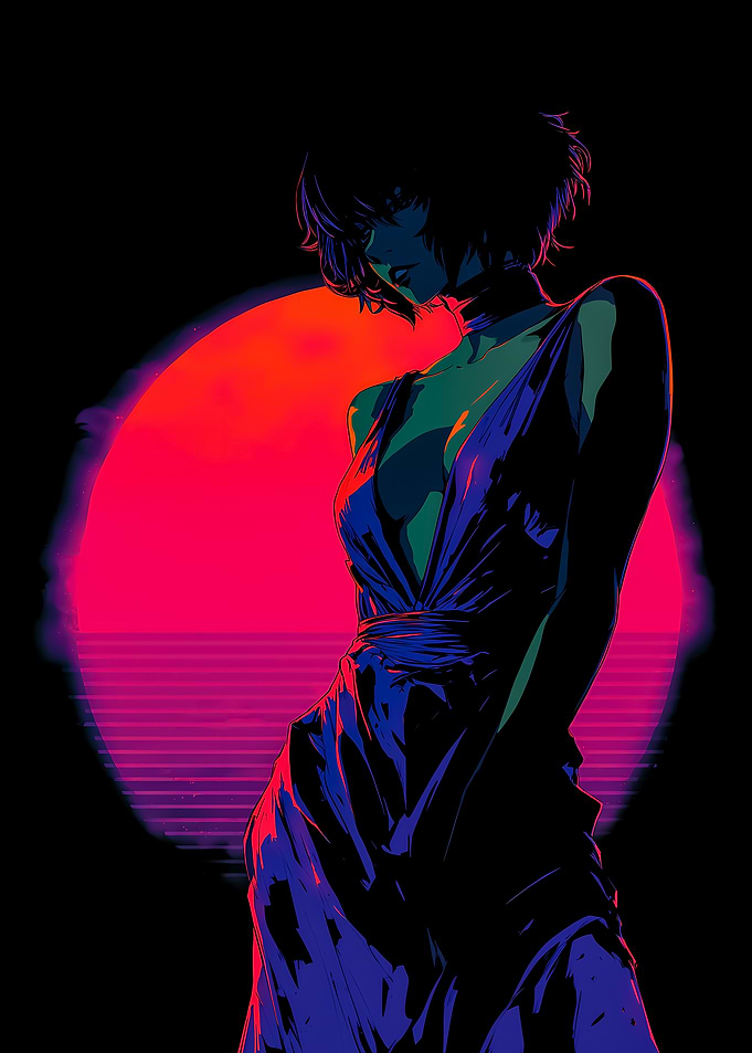 Retro Sunset Woman in Dress