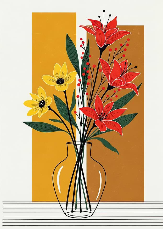 Vase of Red and Yellow Flowers