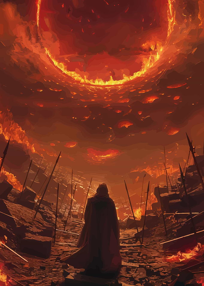 Hooded Figure in Fiery Apocalypse
