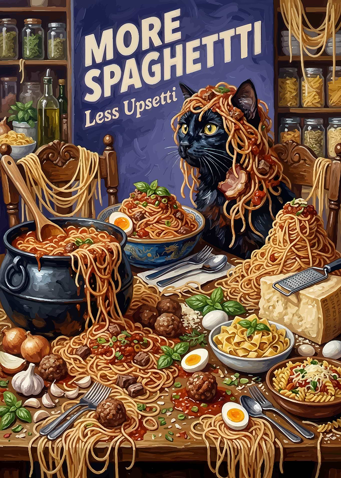 Black Cat Covered in Spaghetti