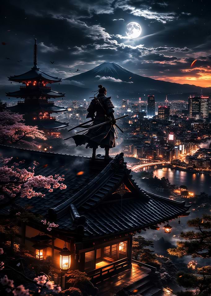 Samurai Overlooking Cityscape at Night