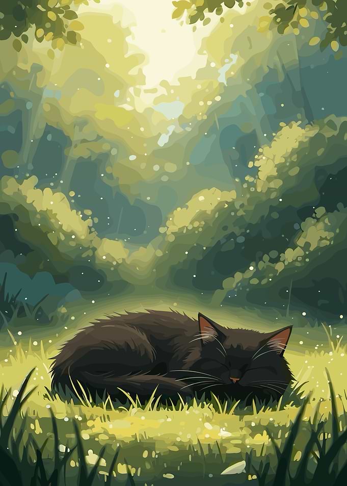 Black cat sleeping in a sunlit forest
