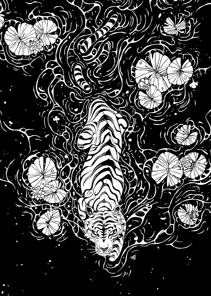 Tiger in Water with Lily Pads