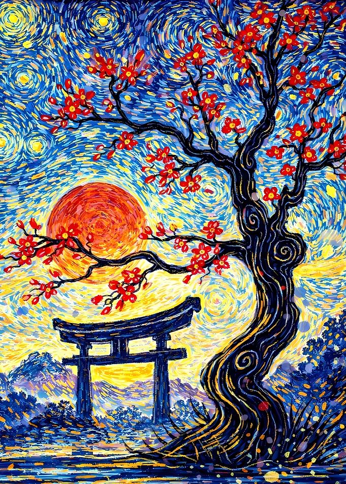 Japanese Torii Gate and Cherry Blossom Tree