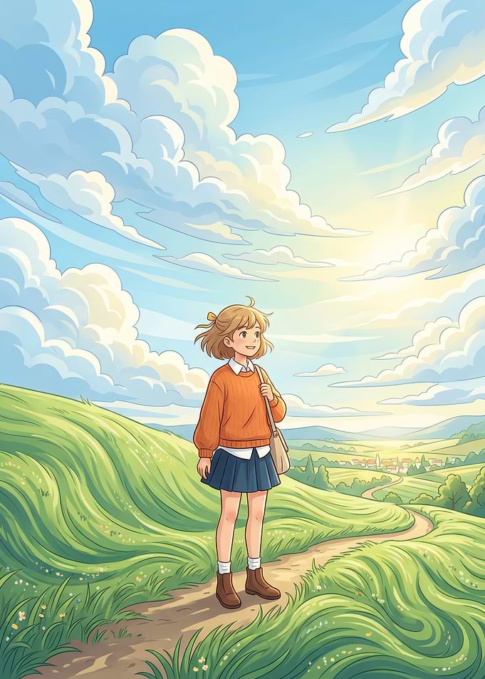 Girl walking on a path in a green landscape