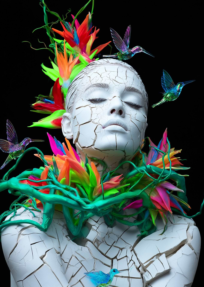 Cracked Face with Hummingbirds and Flowers