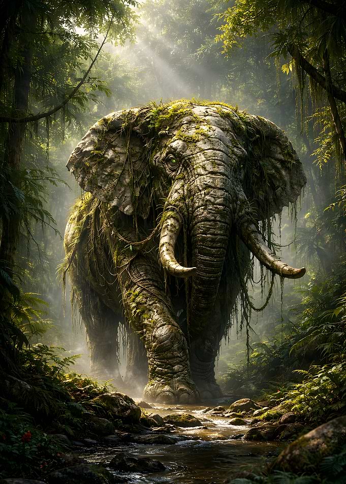 Ancient Stone Elephant in Misty Jungle