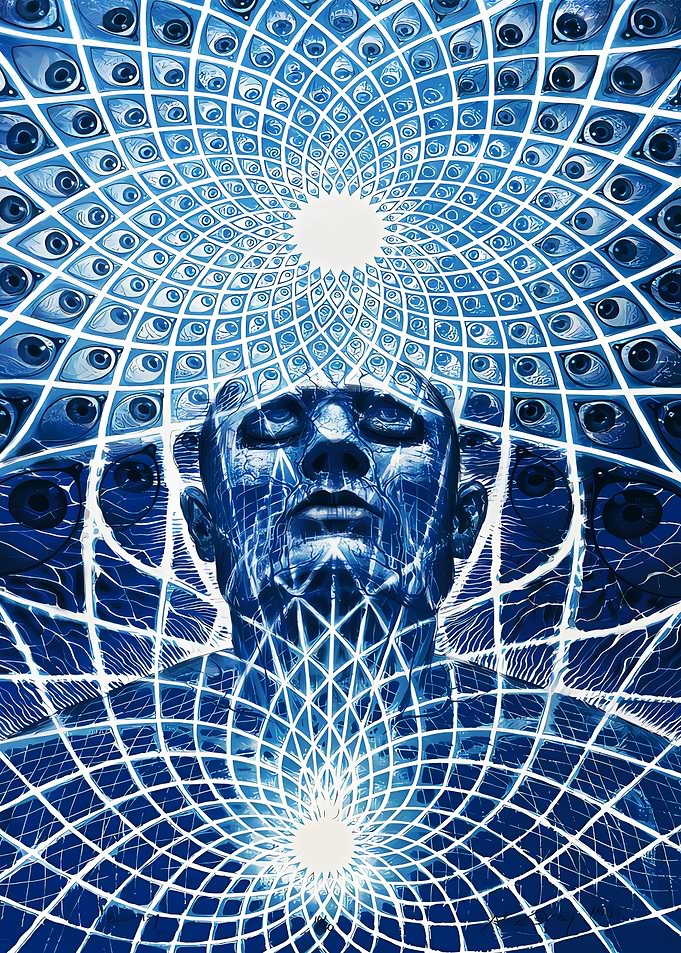 Surreal Blue Man with Eyes Pattern