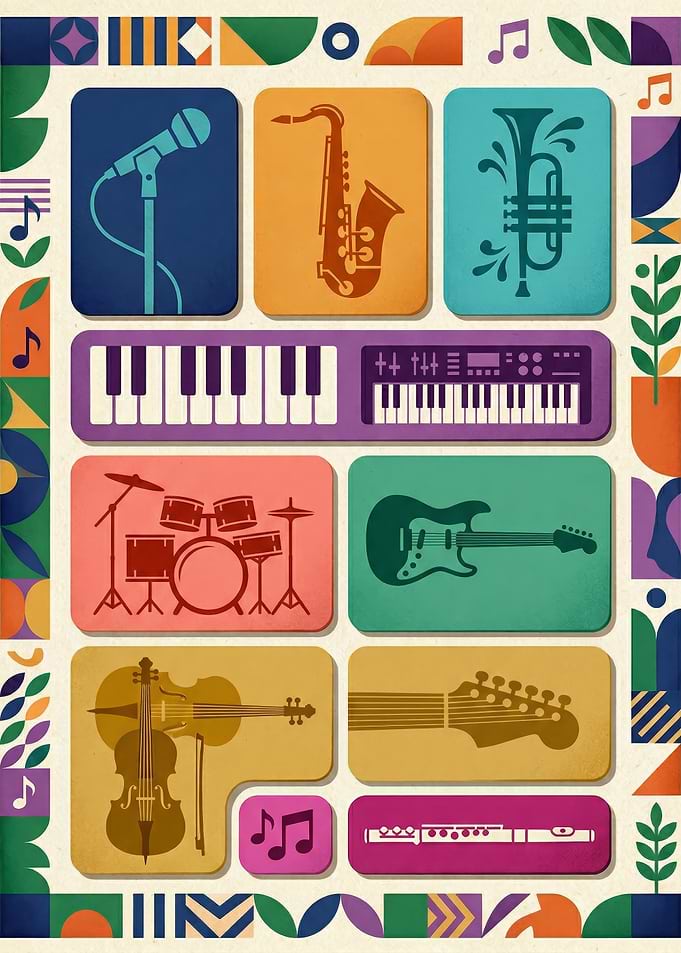 Musical Instruments and Notes Collage