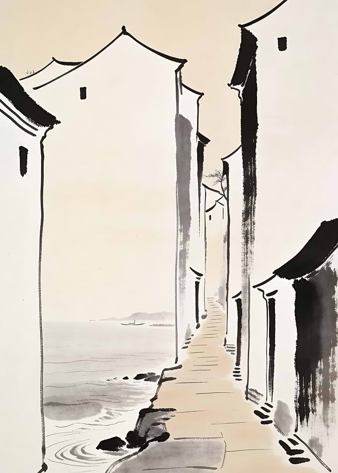 Ink Wash Painting of a Coastal Village Path