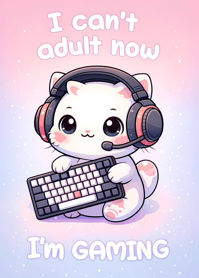 Cute Cat Gamer with Keyboard and Headphones