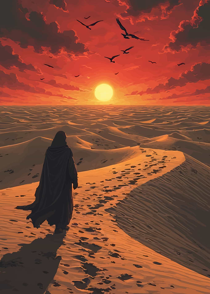 Lone traveler in a desert sunset