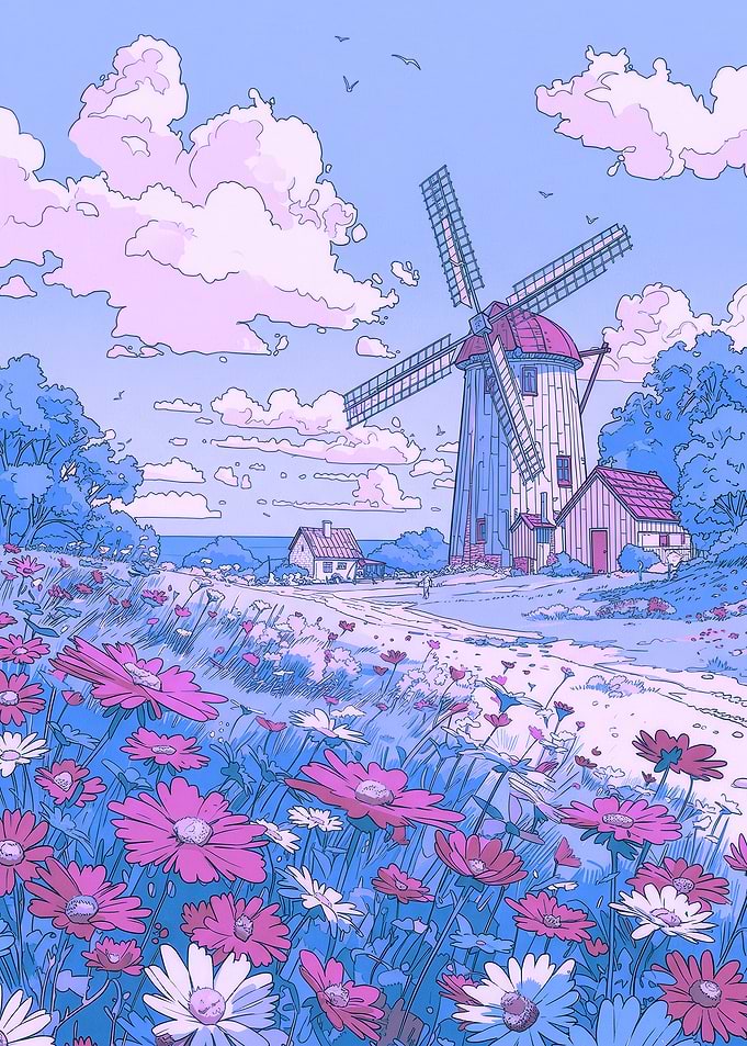 Pastel Windmill Landscape with Flowers