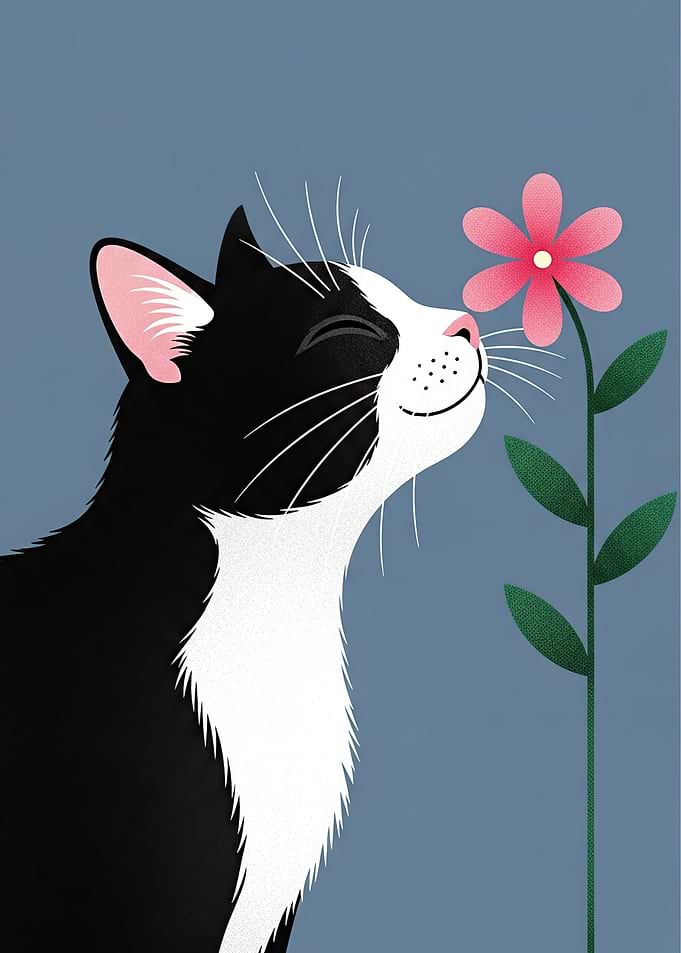 Tuxedo Cat Smelling a Flower