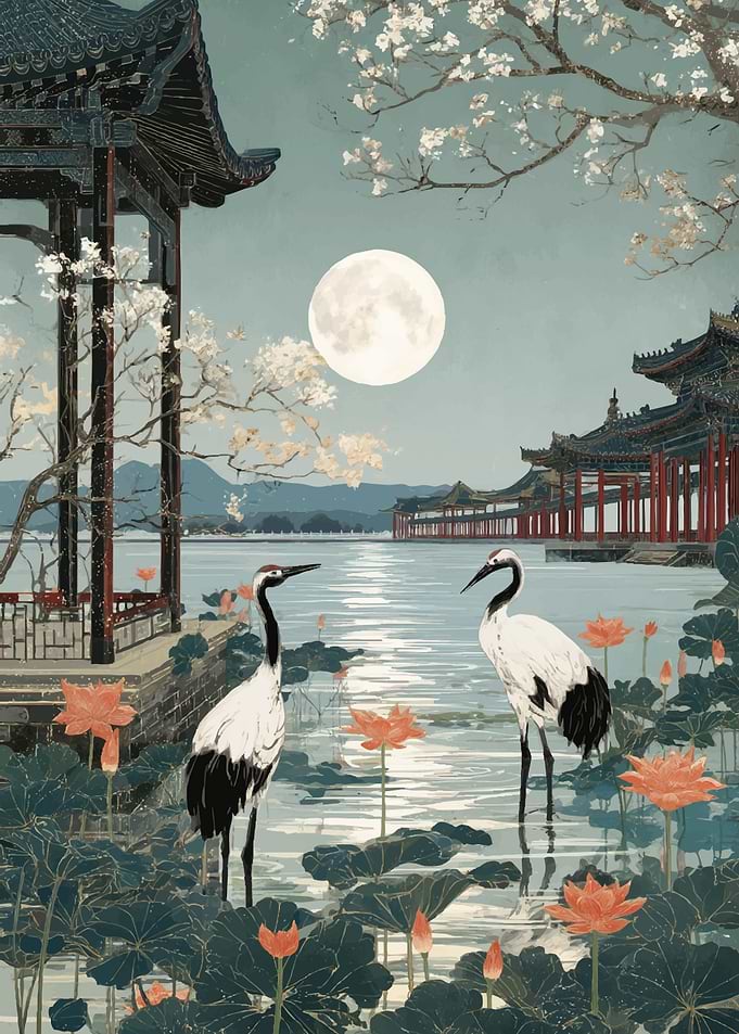 Cranes and Pagodas by Moonlight