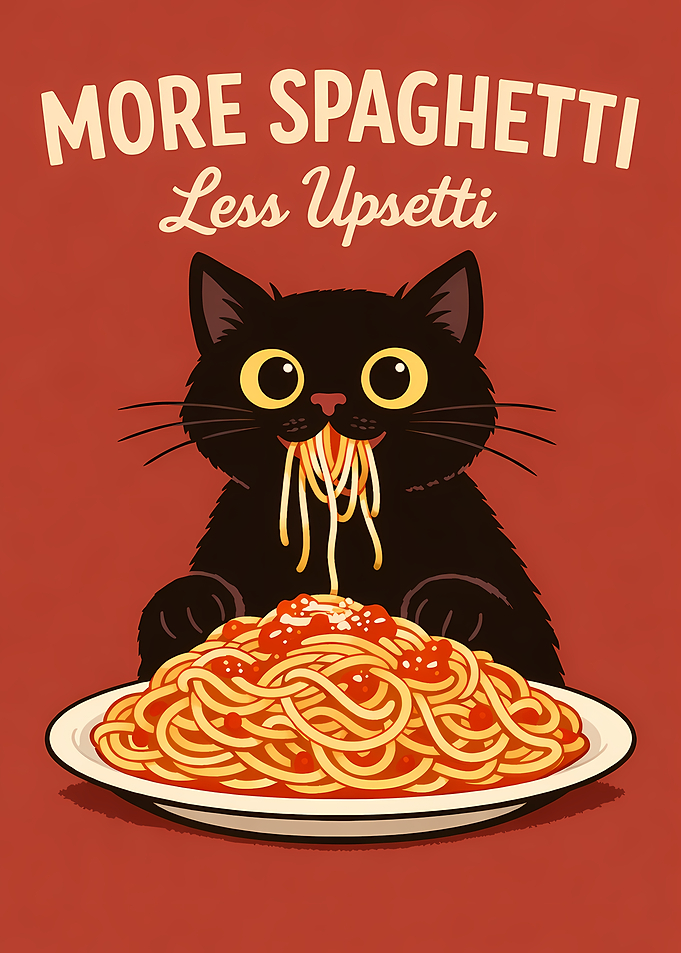 Black Cat Eating Spaghetti