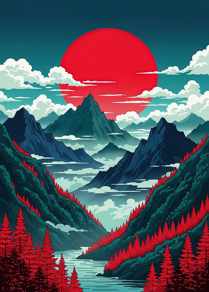 Crimson Sun Over Mountain Valley