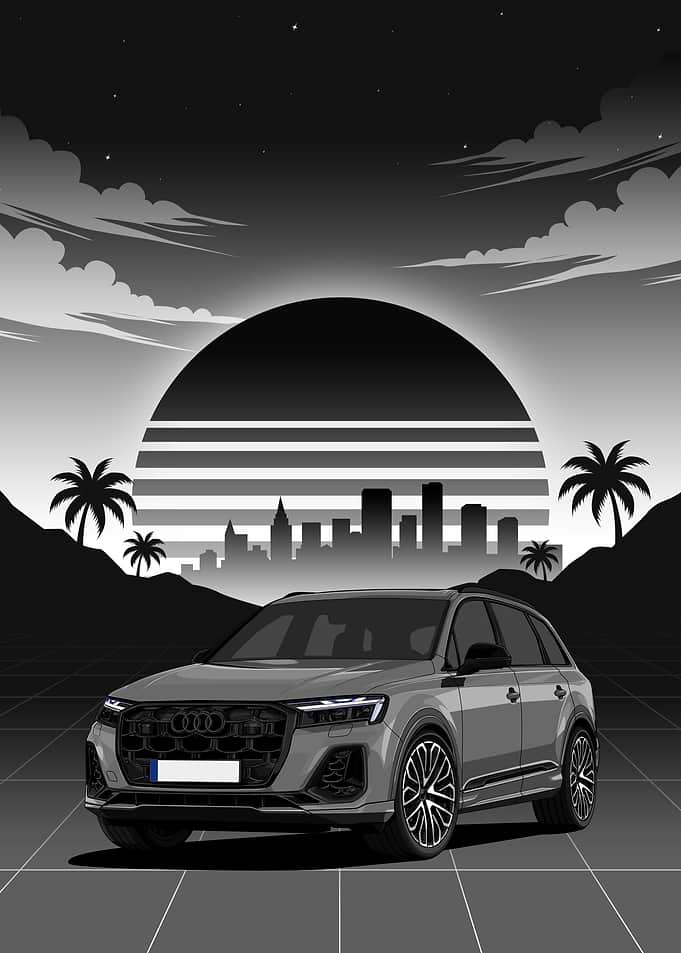 Gray Audi SQ7 Sunset Cityscape