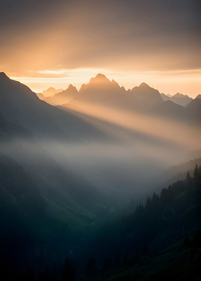 Misty Mountain Sunrise with Sunbeams