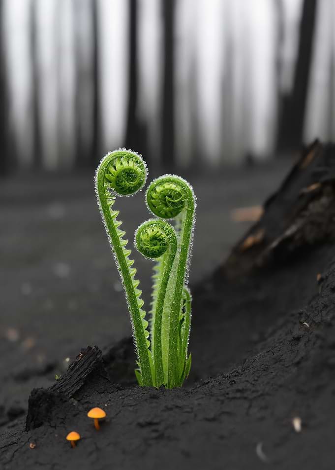 Fern unfurling in dark soil