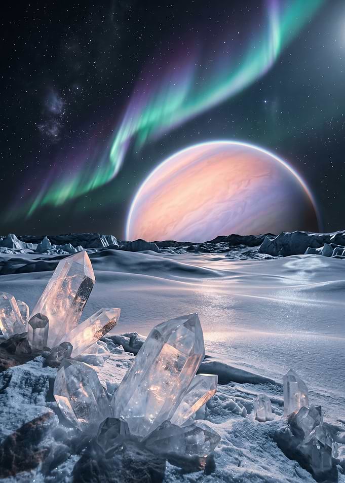 Alien Crystal Landscape with Aurora and Planet