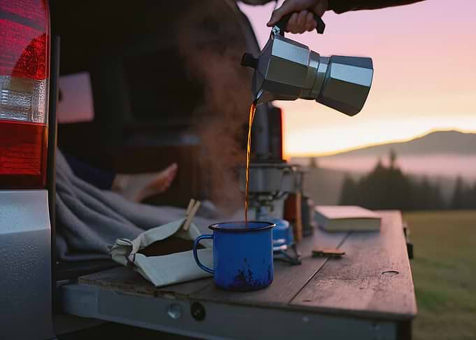 Pouring coffee at sunrise