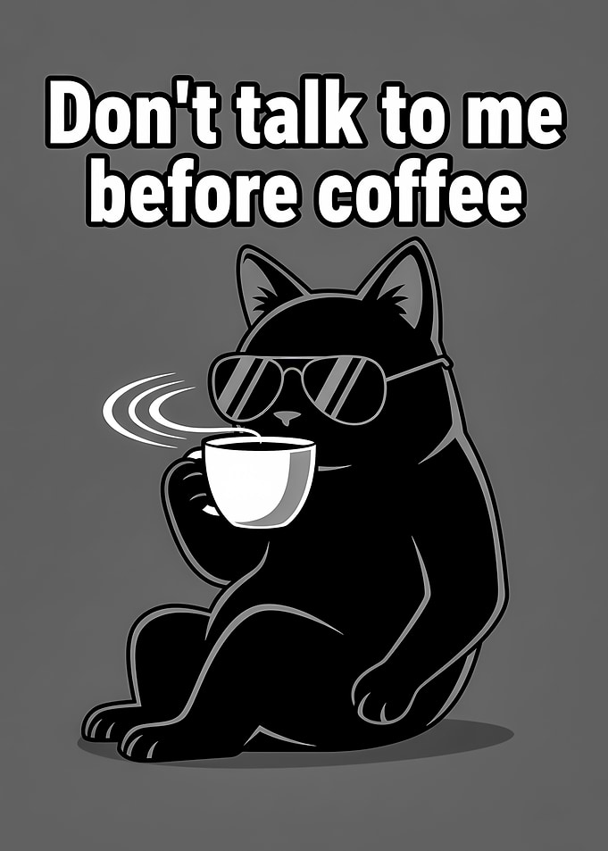 Black Cat with Coffee and Sunglasses