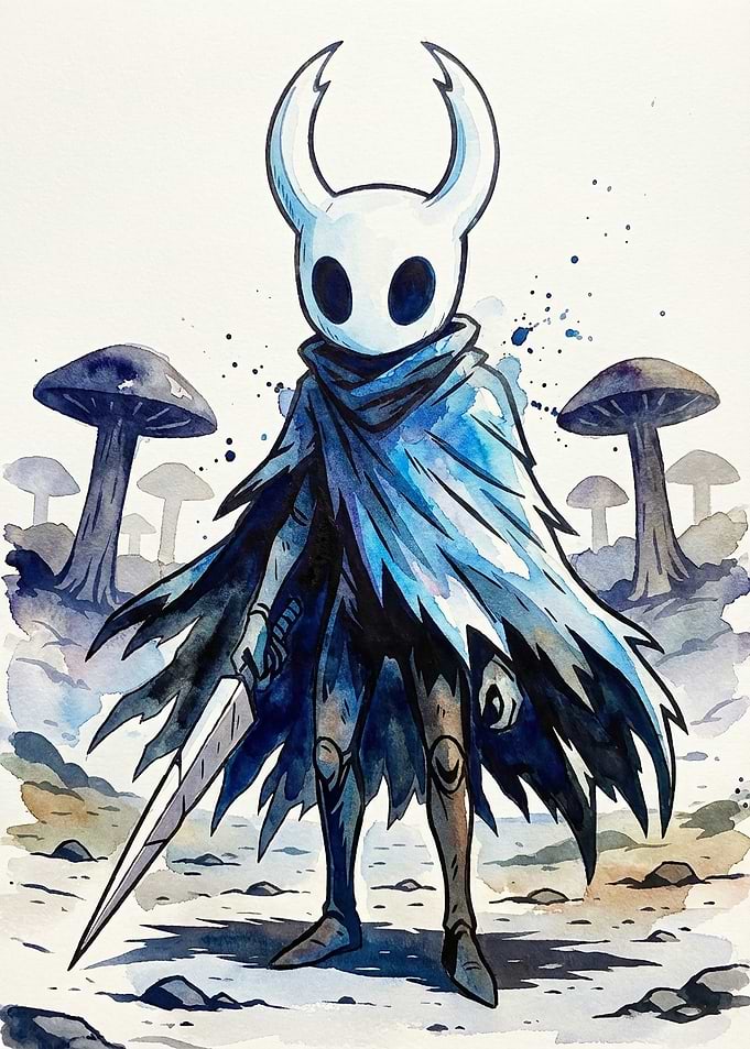 Hollow Knight Character with Sword and Mushrooms