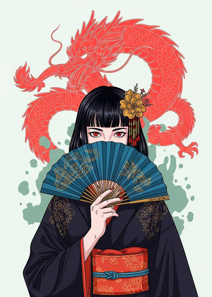 Woman in Kimono with Dragon and Fan