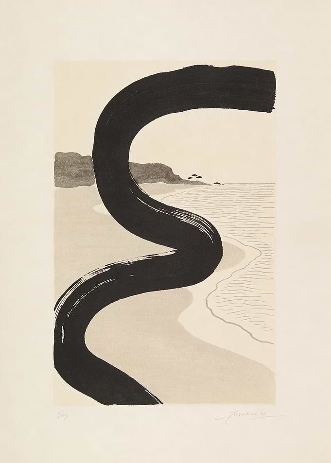 Abstract Beach Scene with Black Brushstroke